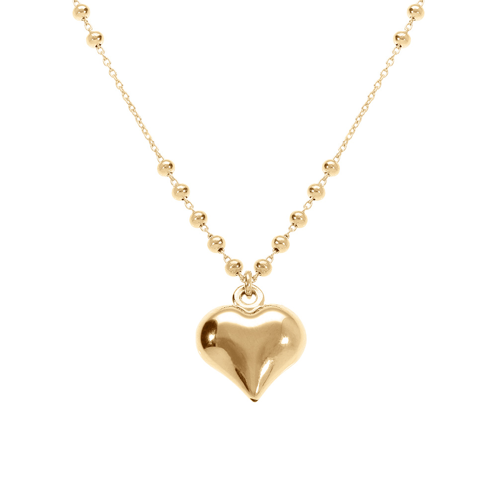 Collier en argent doré chaîne avec boules et pendentif coeur bombé  42+3cm