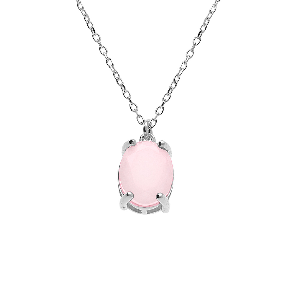 Collier argent rhodié pendentif ovale oxyde 10 x 7.5mm rose opaque réglable 42 à 45cm