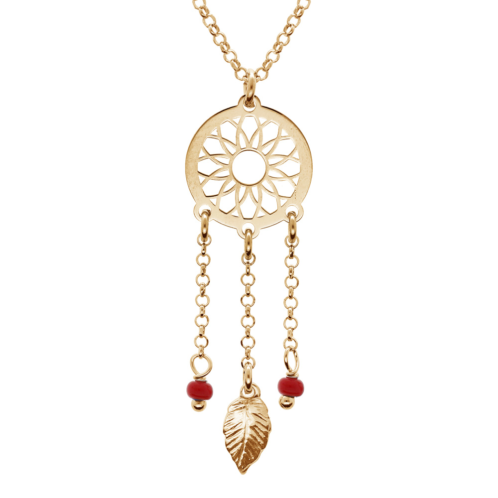 Collier en argent et dorure jaune chaîne avec pendentif attrape rêve et perles rouge 38+5cm