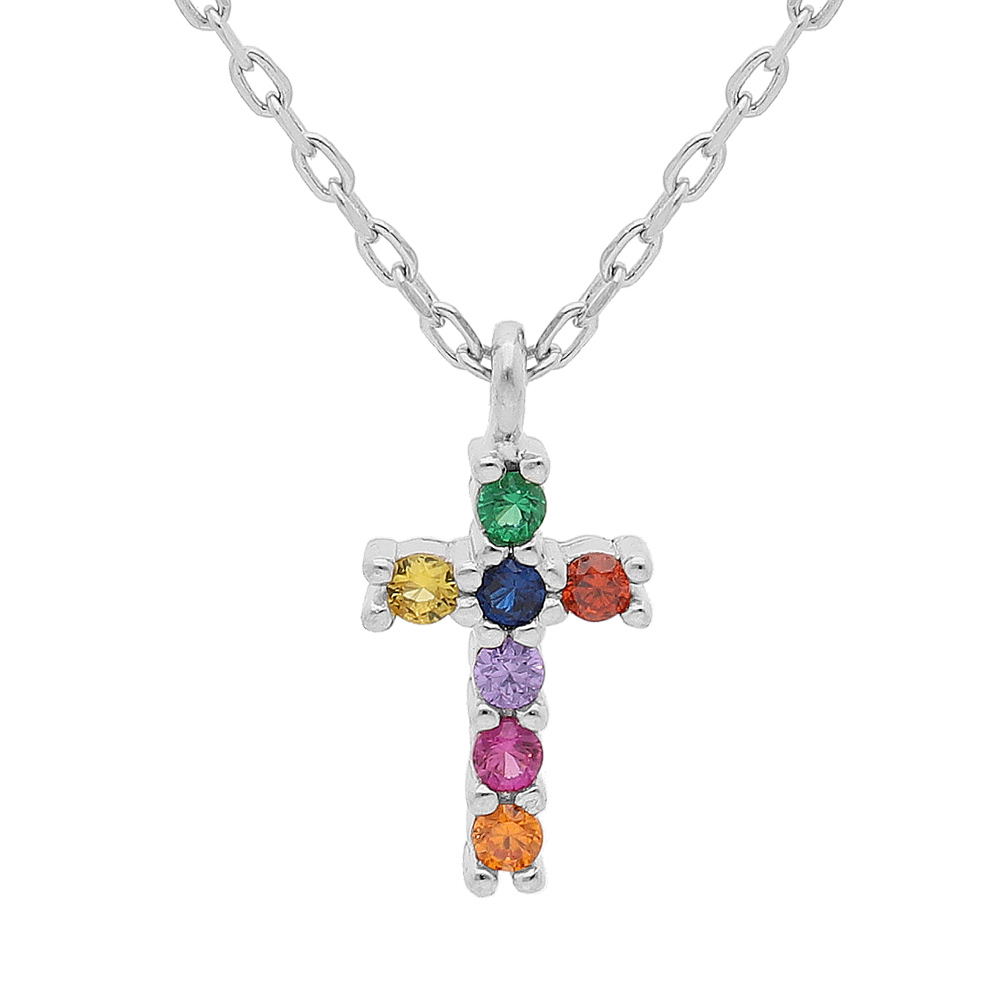 Collier en argent rhodié chaîne avec pendentif croix empierrée multi couleurs 40+4cm