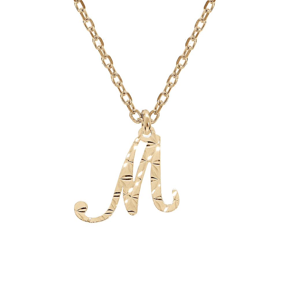 Collier en argent et dorure jaune chaîne avec pendentif lettre anglaise M diamanté 40+4cm
