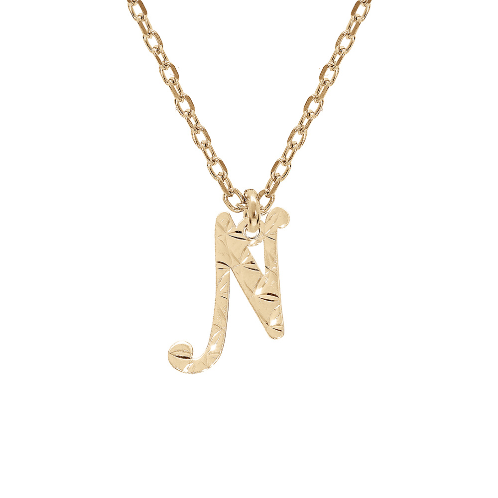 Collier en argent et dorure jaune chaîne avec pendentif lettre anglaise N diamanté 40+4cm