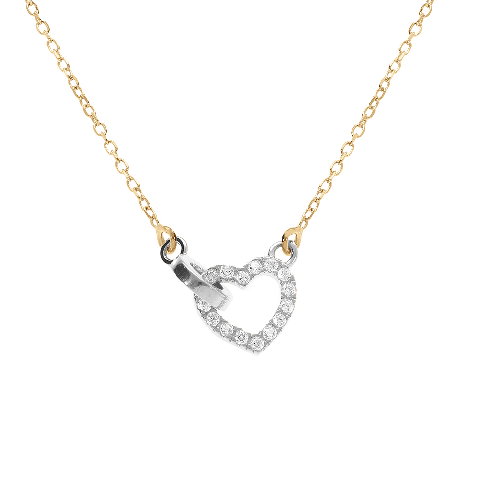 Collier chaîne doré jaune et coeur et cercle entreelacé argent rhodié avec oxyde blanc réglable 40 à 44cm