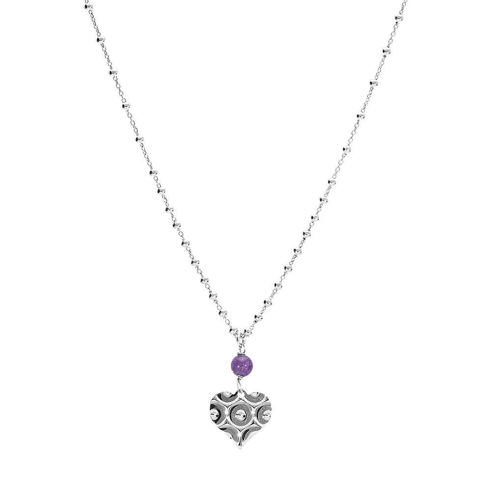 Collier argent rhodié chaîne boule pendentif coeur mpartelé avec 1 boule jade violette véritable réglable 40 à 45cm