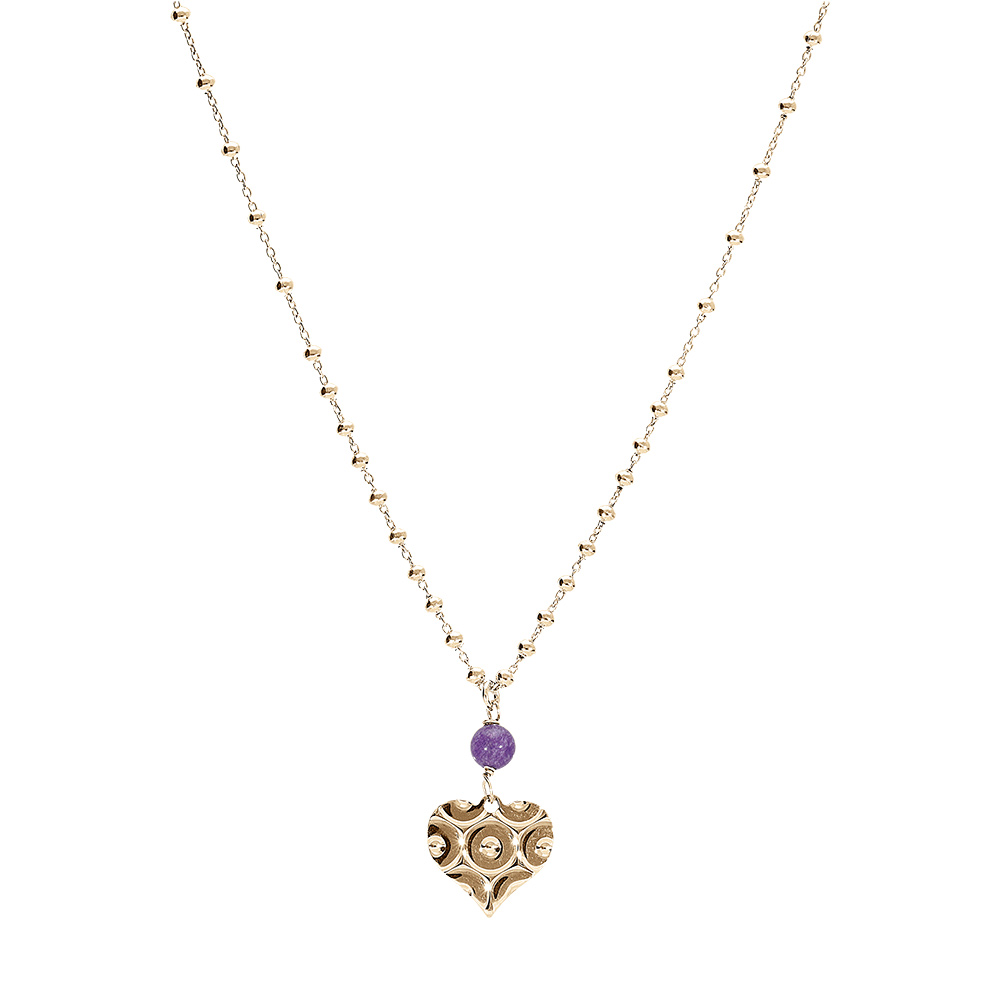 Collier argent doré chaîne boule pendentif coeur mpartelé avec 1 boule jade violette véritable réglable 40 à 45cm