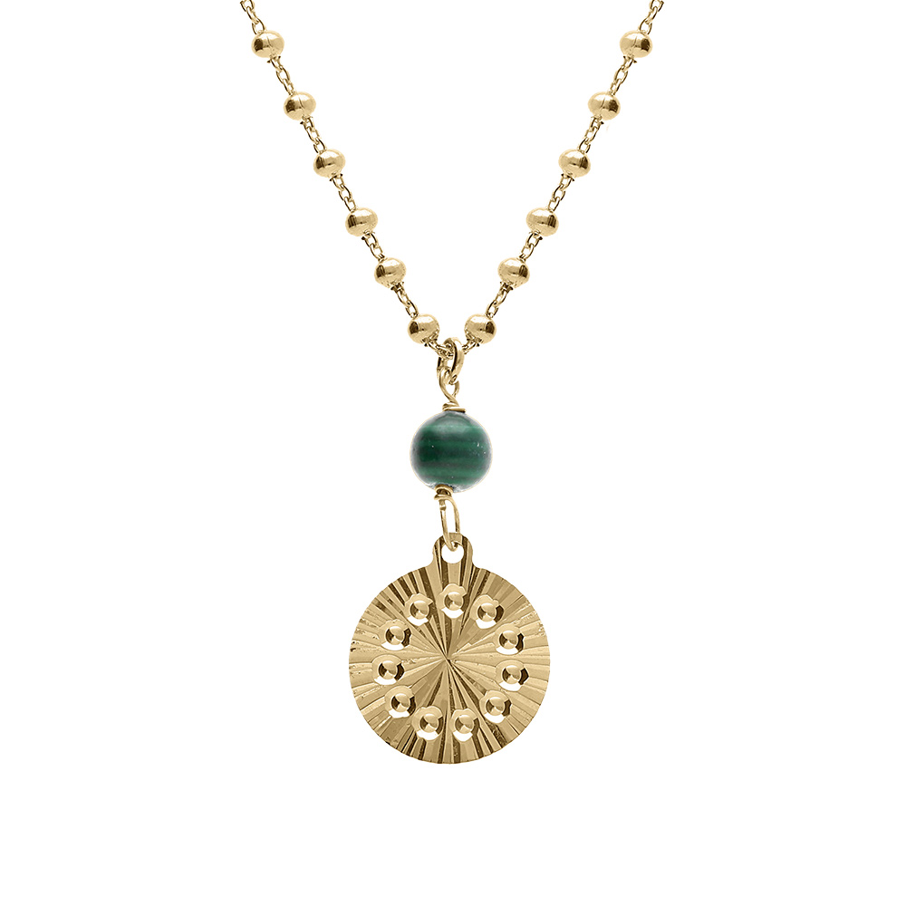 Collier argent doré jaune chaîne boules pendentif cercle diamanté avec 1 boule malachite véritable réglable 40 à 45cm