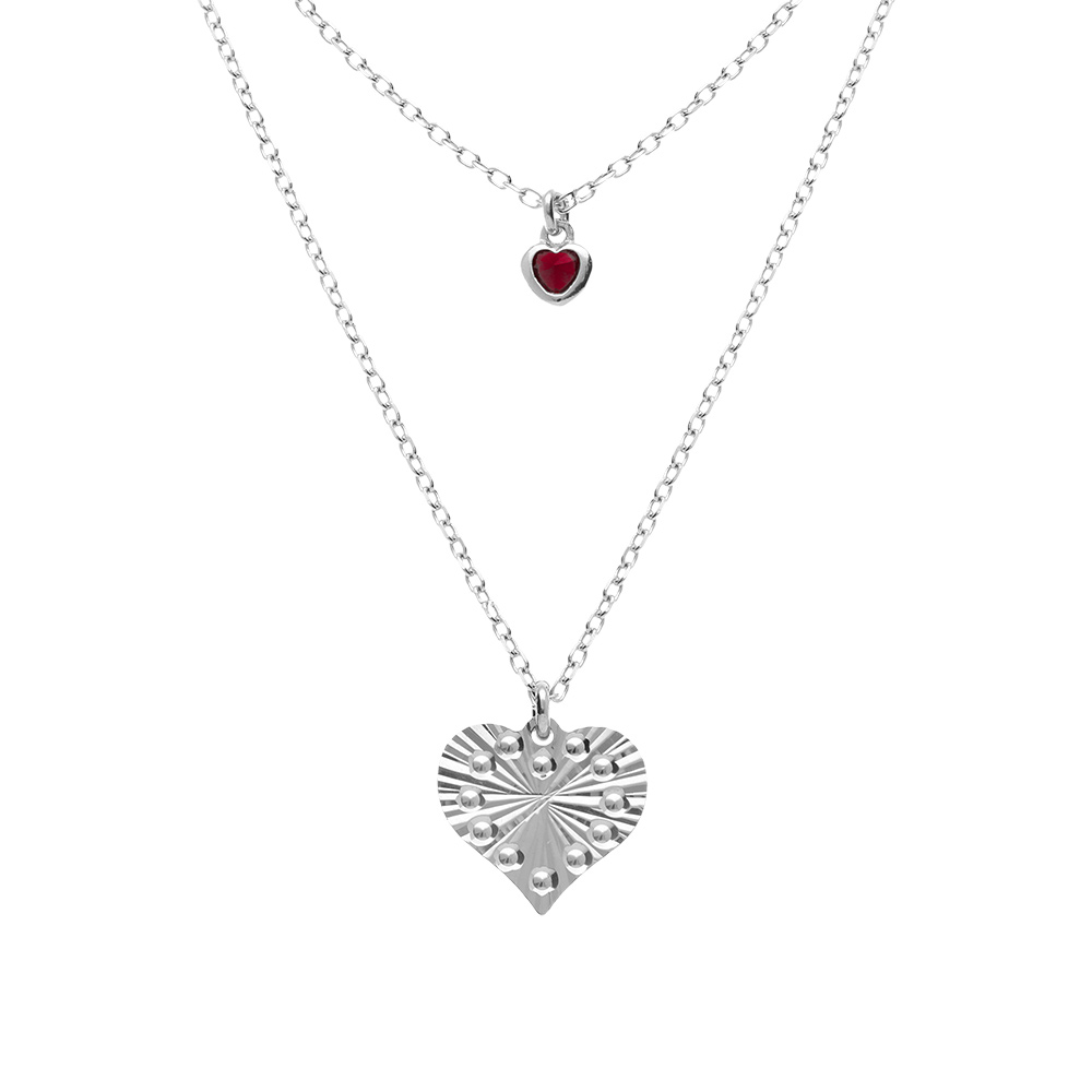 Collier argent rhodié double chaîne pendentif coeur diamanté et 1 oxyde rose réglable 40 à 45cm