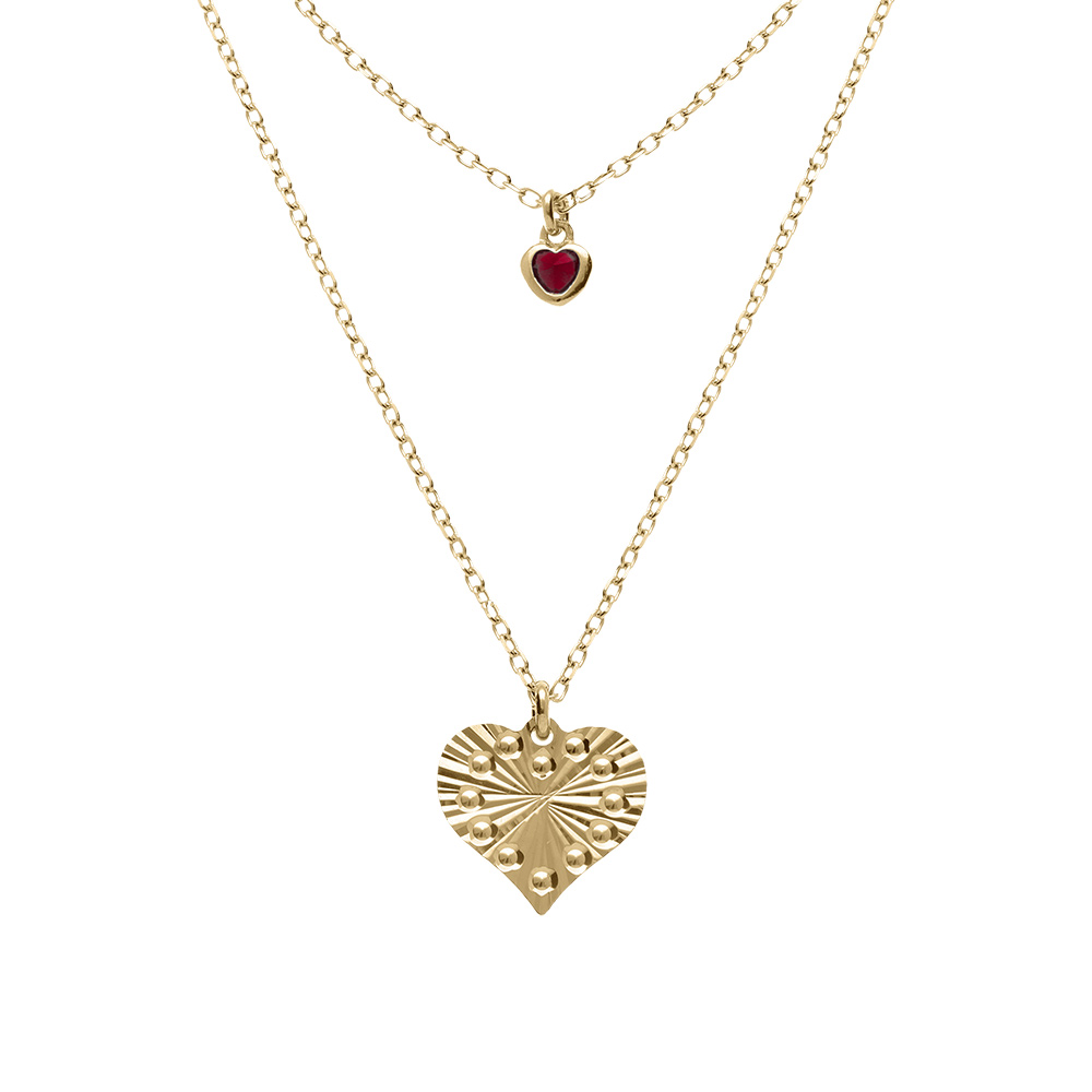 Collier argent doré jaune double chaîne pendentif coeur diamanté et 1 oxyde rose réglable 40 à 45cm