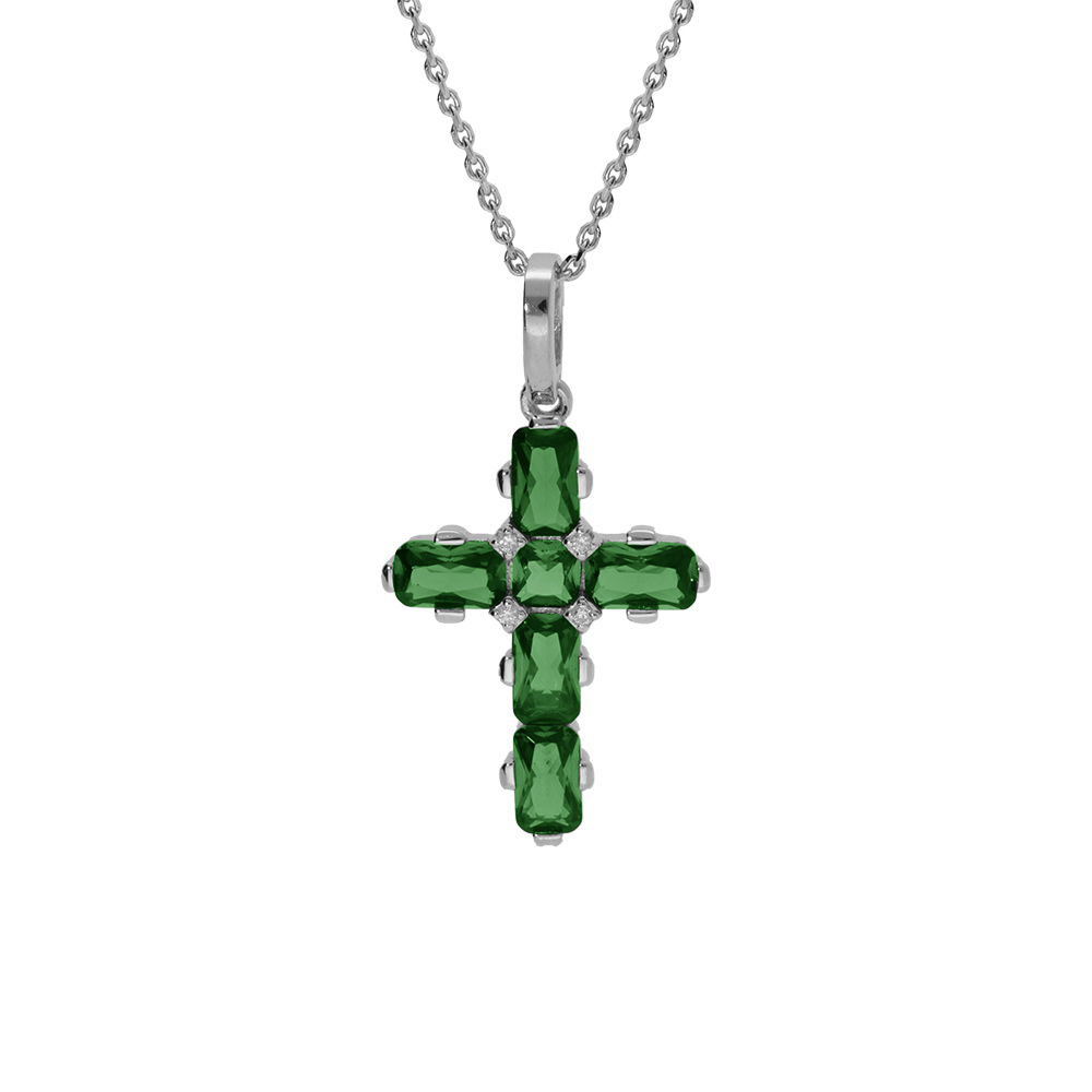 Collier en argent rhodié pendentif croix avec oxydes verts 38+5cm