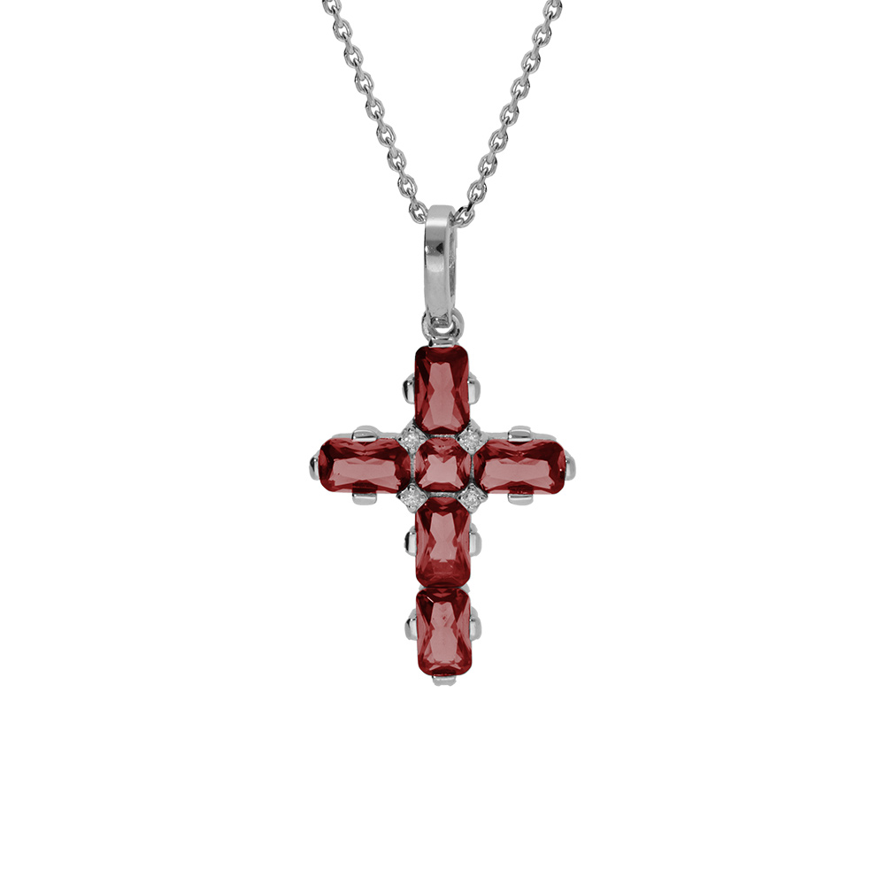Collier en argent rhodié pendentif croix avec oxydes rouges 38+5cm
