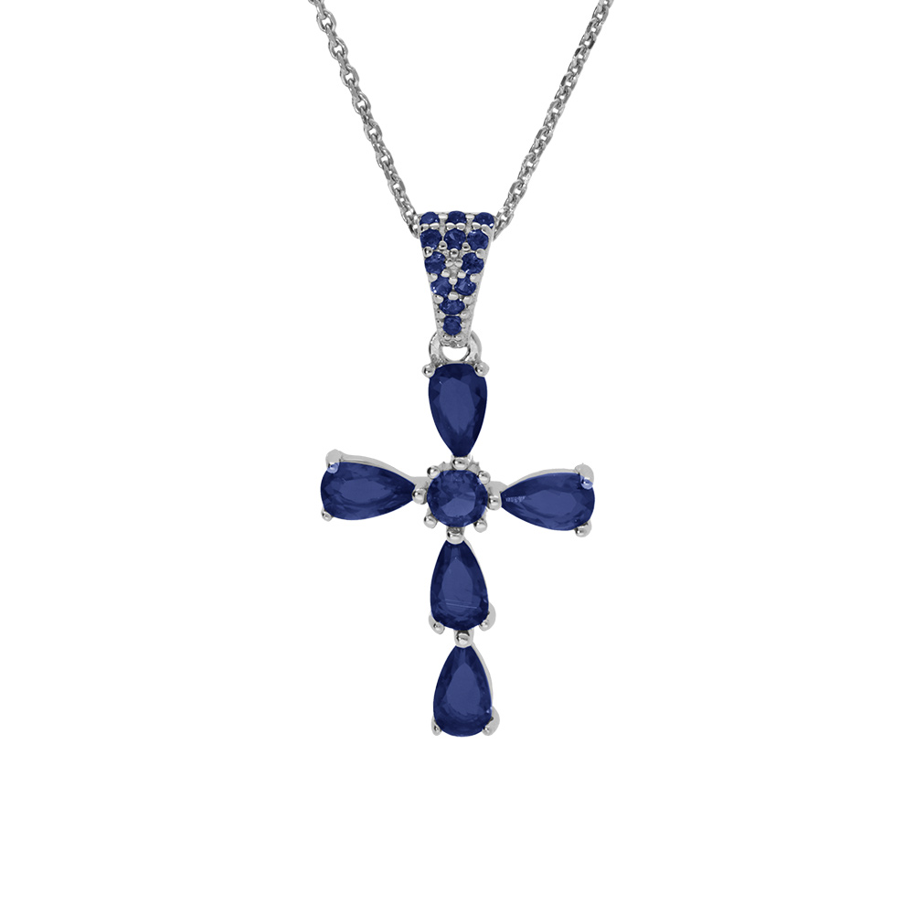 Collier en argent rhodié pendentif croix avev oxydes bleu foncé 38+5cm