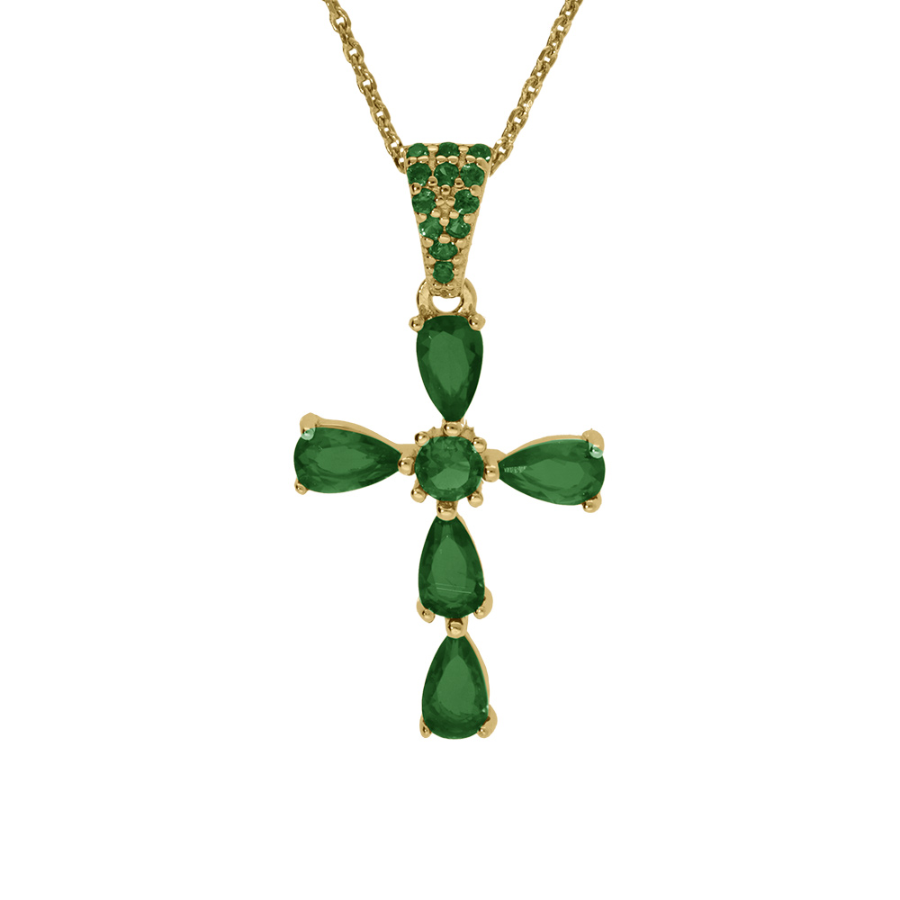 Collier argent doré pendentif croix oxydes vert réglable 38 à 43cm