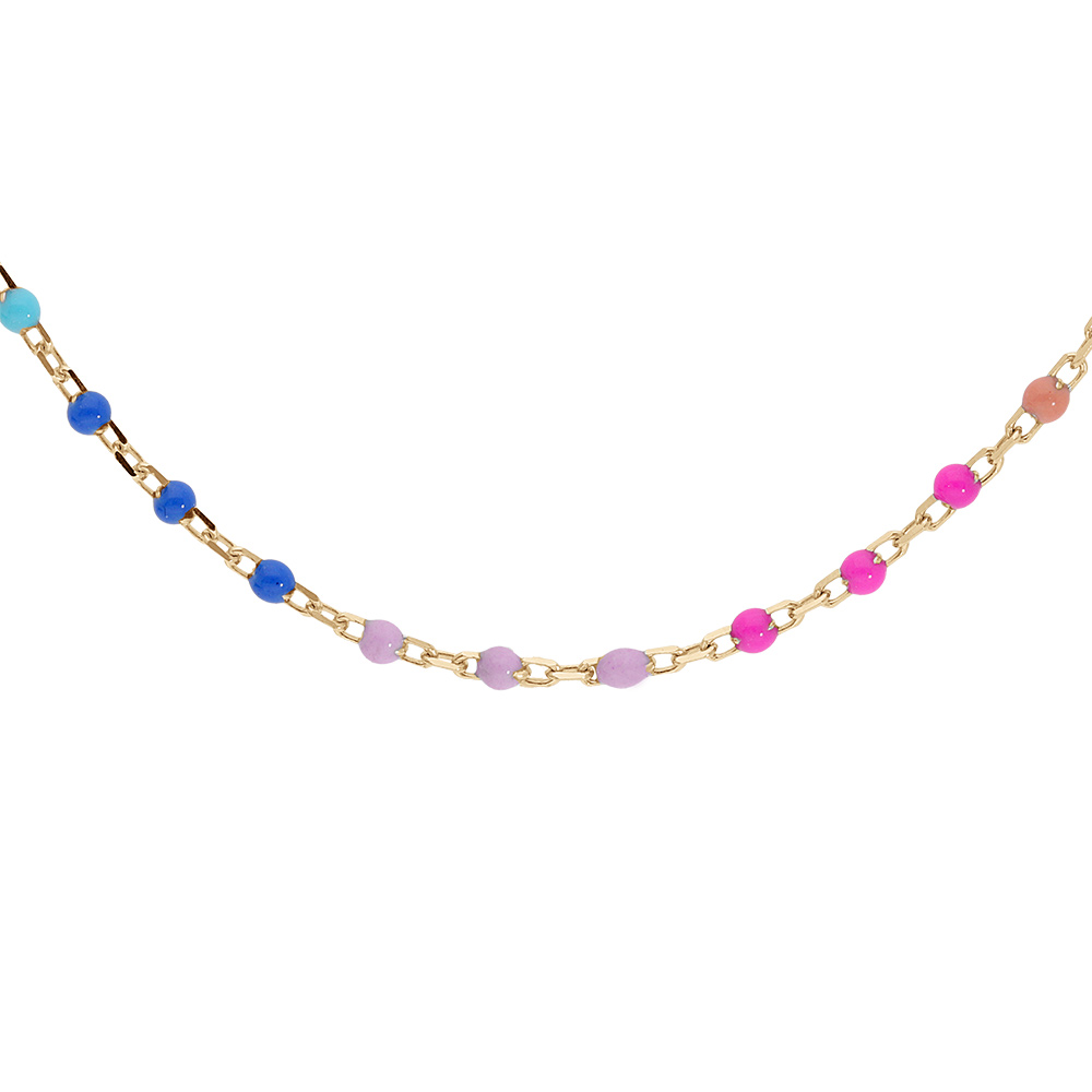 Collier en argent et dorure jaune rangée d'oxydes multicolores dégradé rose à vert arc-en-ciel longueur 40+5cm