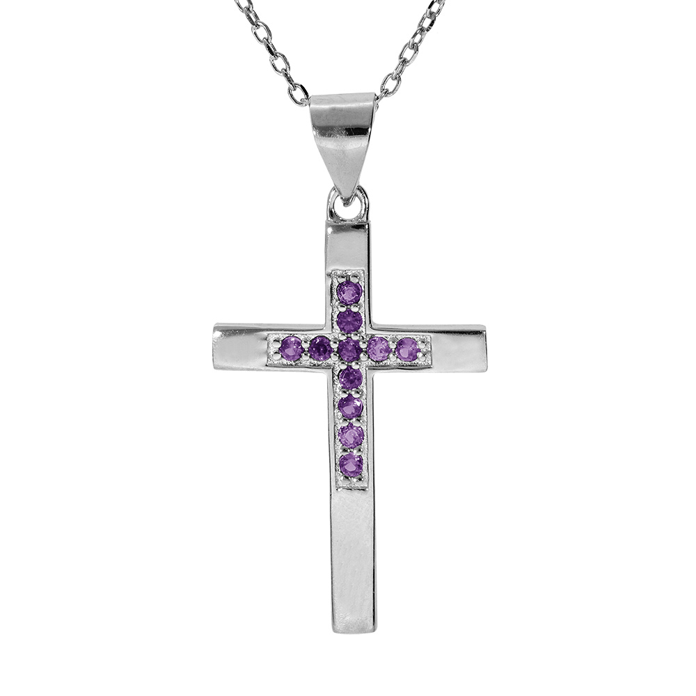 Collier en argent rhodié chaîne avec pendentif croix et oxydes violet longueur 40+4cm