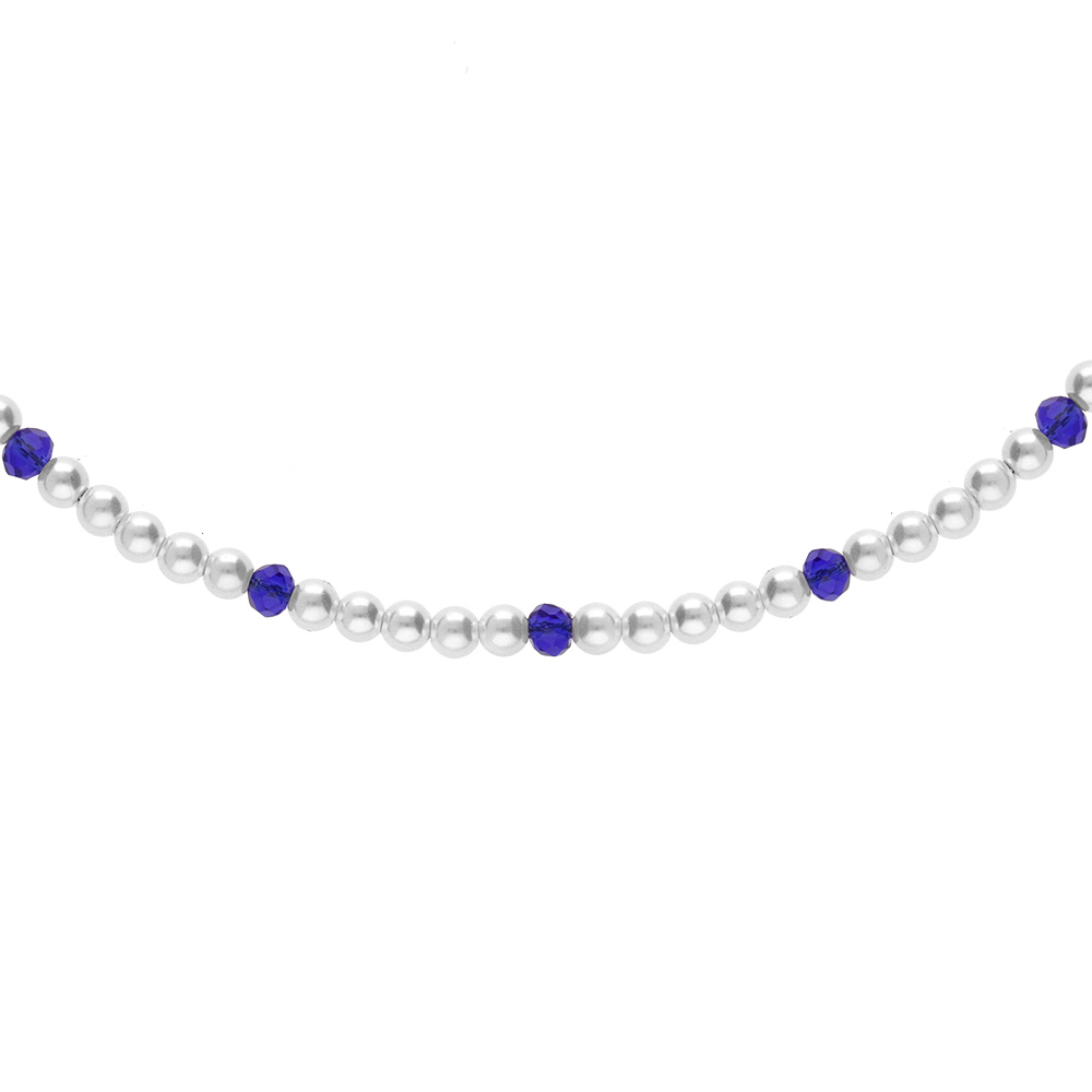 Collier en argent rhodié rangée perles 3mm blanche de synthèse et perles bleues longueur 38+4cm