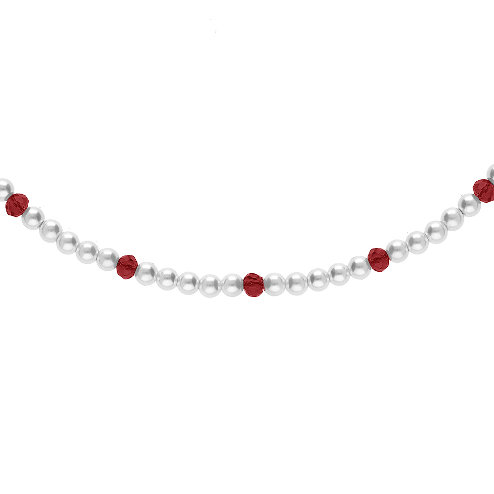 Collier en argent rhodié rangée perles 3mm blanche de synthèse et perles rouges longueur 38+4cm