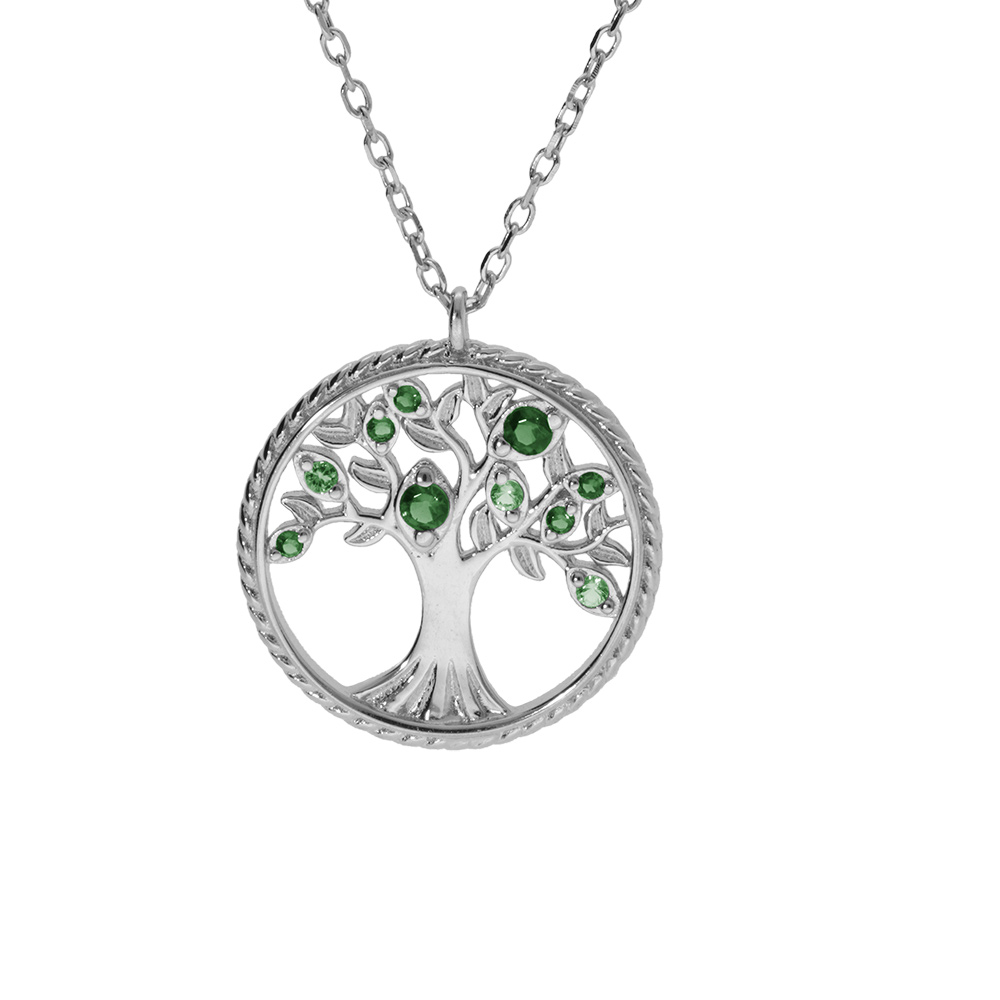 Collier argent rhodié pendentif arbre de vie contour perlé avec oxydes verts 42+3cm