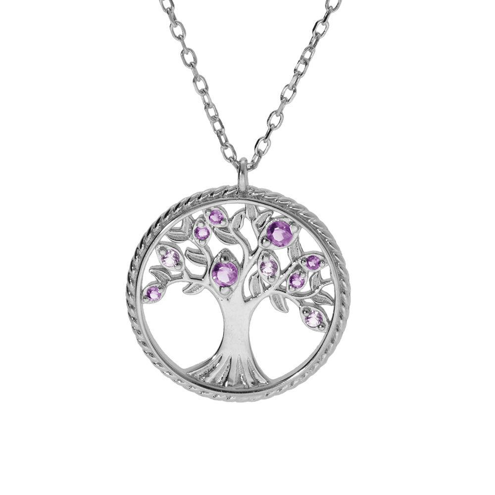 Collier en argent rhodié chaîne avec pendentif motif arbre de vie contour perlé et oxydes violet 42+3cm