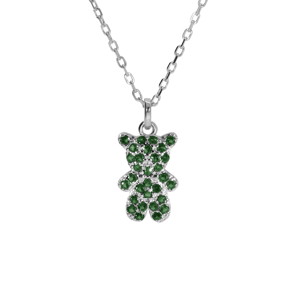 Collier en argent rhodié ourson oxydes verts 38+6cm