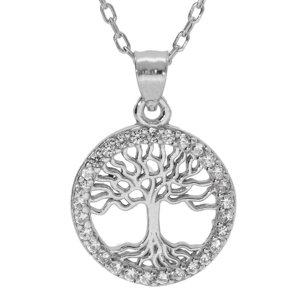 Collier argent rhodié pendentif arbre de vie contour oxydes blancs sertis 40+5cm