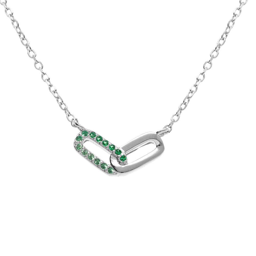 Collier argent rhodié composé de deux rectangles entrelacés un lisse et un paré d'oxydes verts sertis - 39+4cm