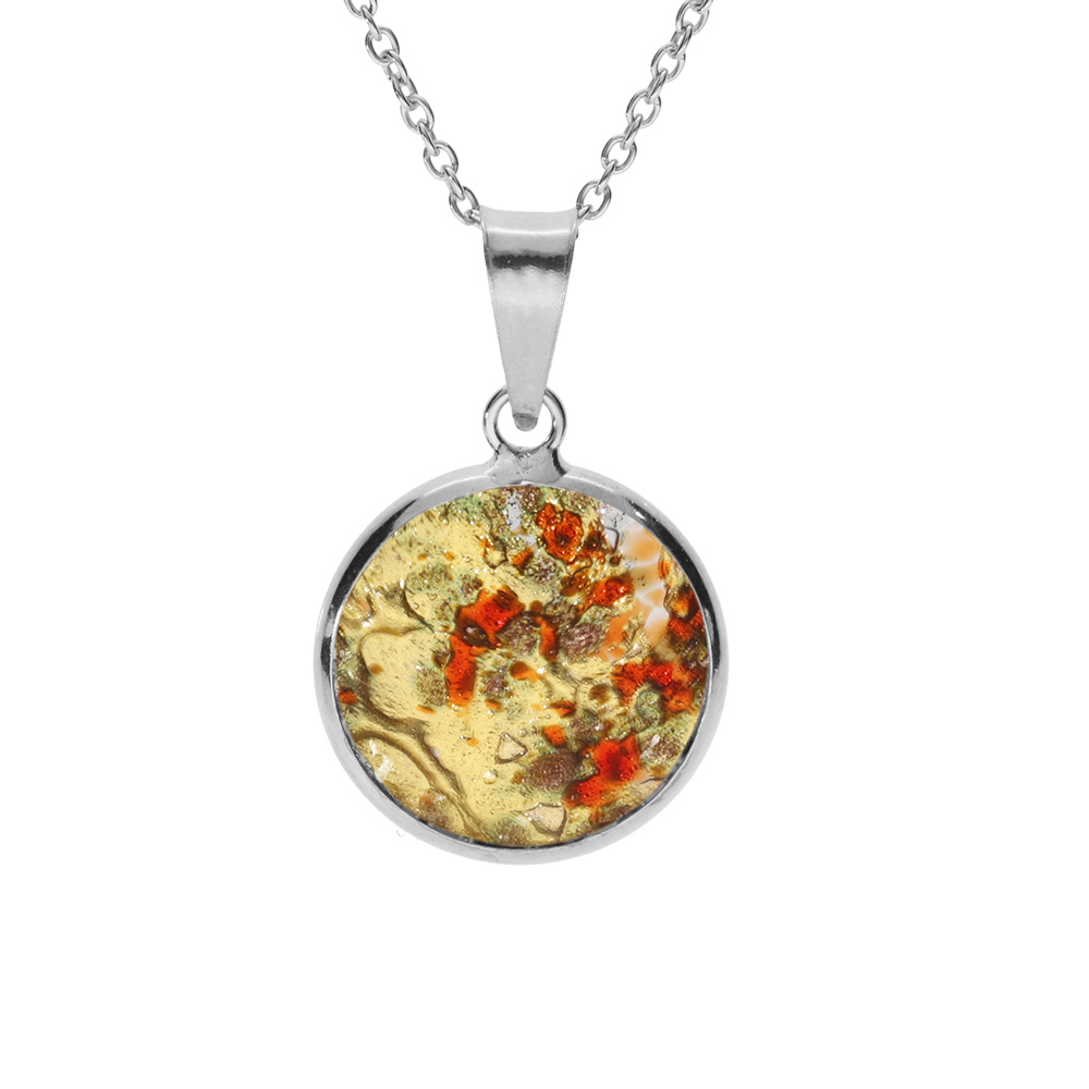 Collier en argent rhodié pendentif rond 15mm Murano véritable boréale 40+5cm orange et doré avec des touches de rouge