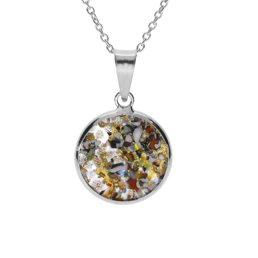Collier en argent rhodié pendentif rond 15mm Murano véritable boréale 40+5cm multicolore