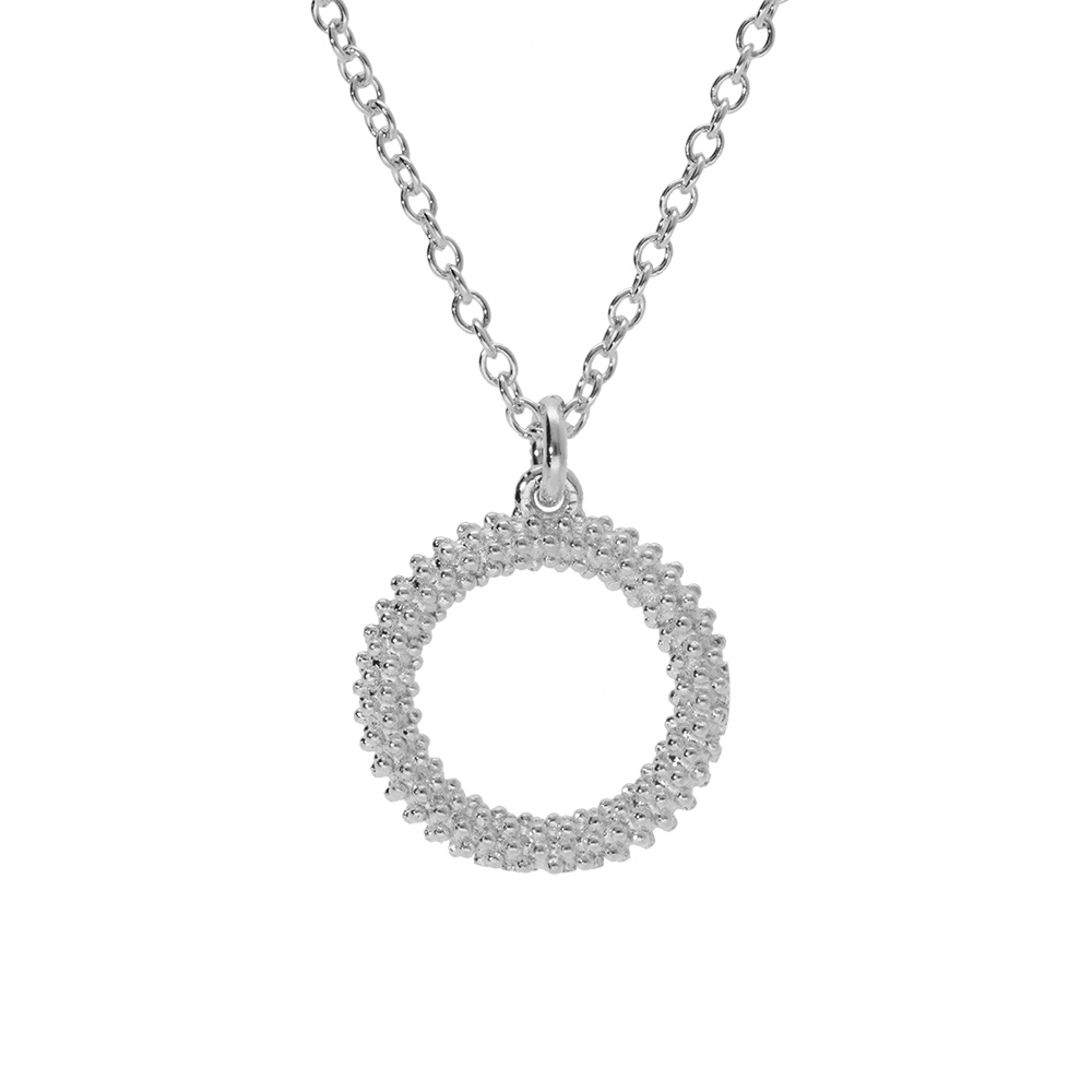 Collier en argent rhodié claire, pendentif cercle évidé perlé 40+5cm