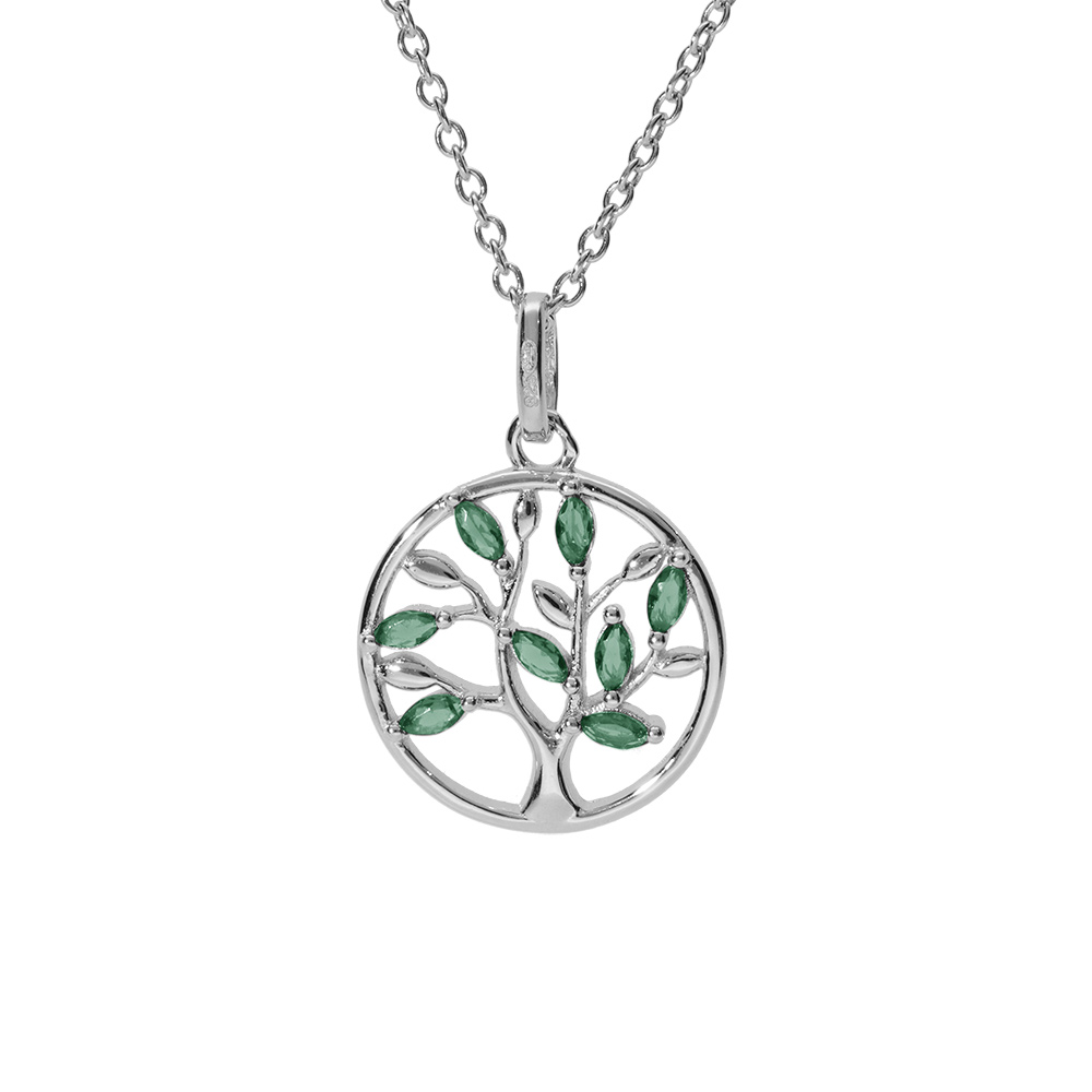 Collier argent rhodié pendentif cercle arbre de vie oxydes vert 40+4cm