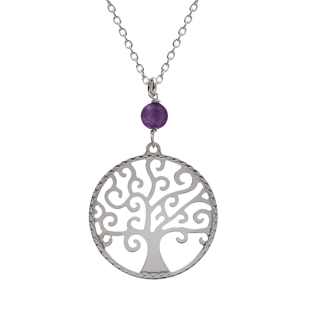 Collier argent rhodié arbre de vie 20mm et boule jade violette véritable réglable 40 à 44cm