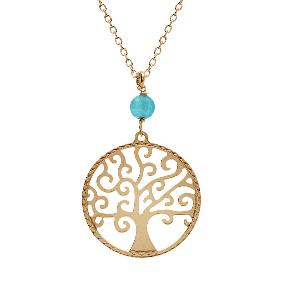 Collier argent doré jaune arbre de vie 20mm et boule jade vert clair véritable réglable 40 à 44cm