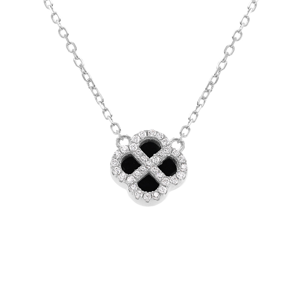 Collier en argent rhodié pendentif trèfle agate noire véritable contour oxydes blancs - 40+5cm