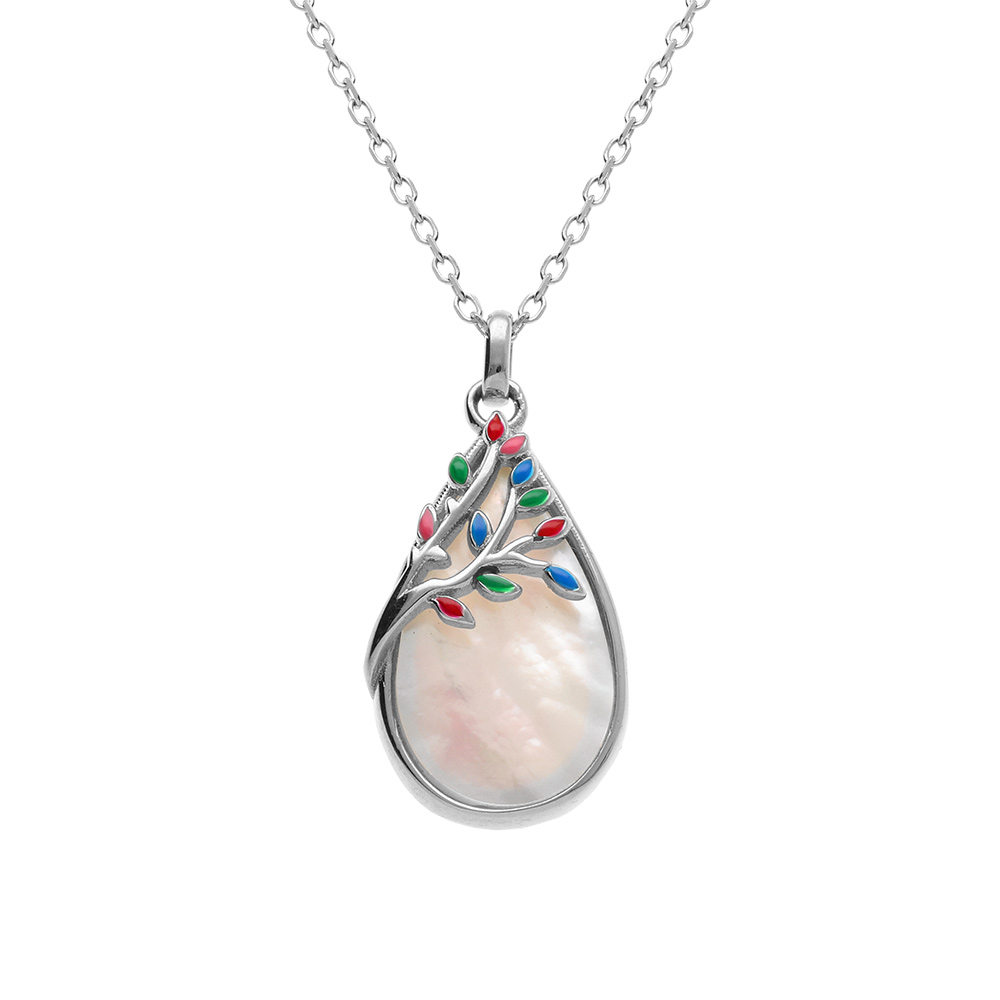 Collier en argent rhodié pendentif oval nacre blanche véritable et feuillage résine multicolore - 40+4cm