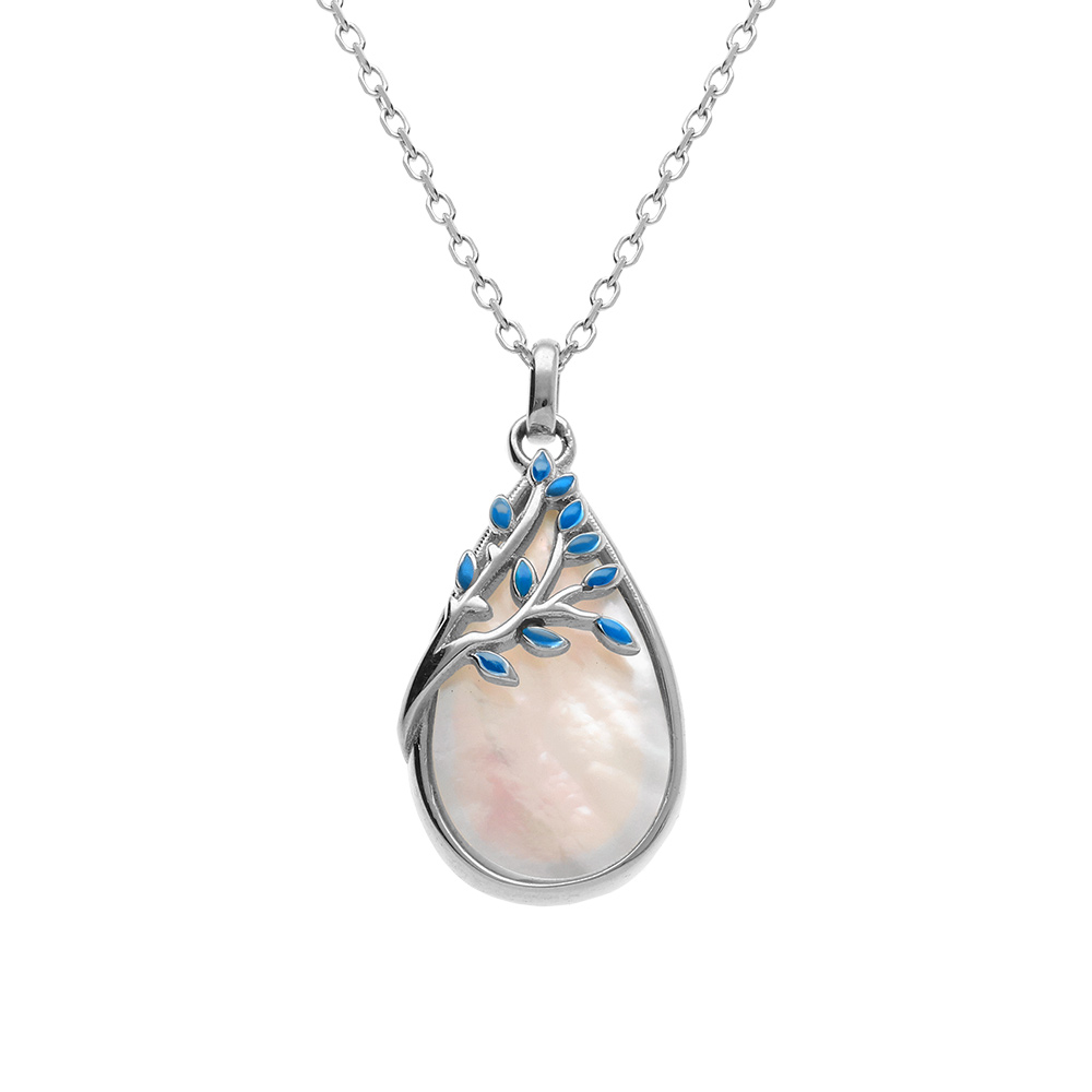 Collier en argent rhodié pendentif oval nacre blanche véritable et feuillage résine bleue - 40+4cm