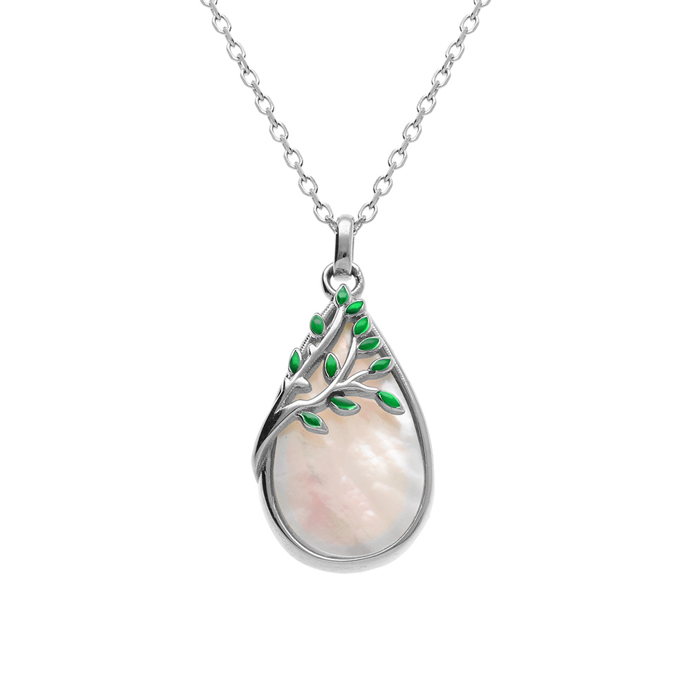 Collier en argent rhodié pendentif oval nacre blanche véritable et feuillage résine verte - 40+4cm