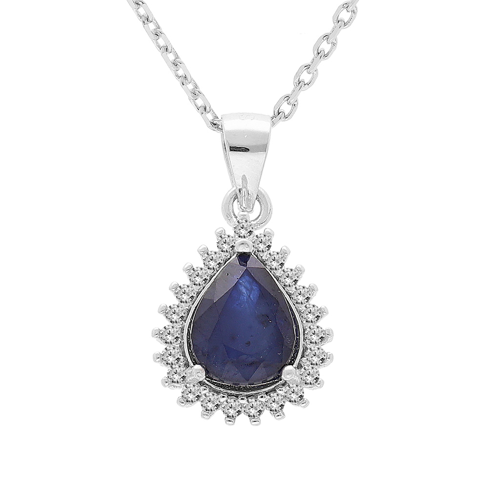 Collier en argent rhodié chaîne avec pendentif Saphir forme goutte et contour de Topazes blanches serties 42+3cm