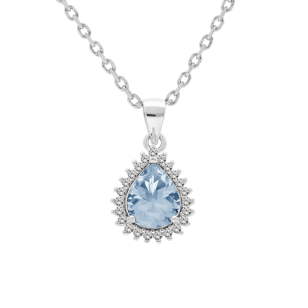 Collier en argent rhodié chaîne avec pendentif Topaze bleue véritable forme goutte 8x6 contour Topazes blanches serties 42+3cm