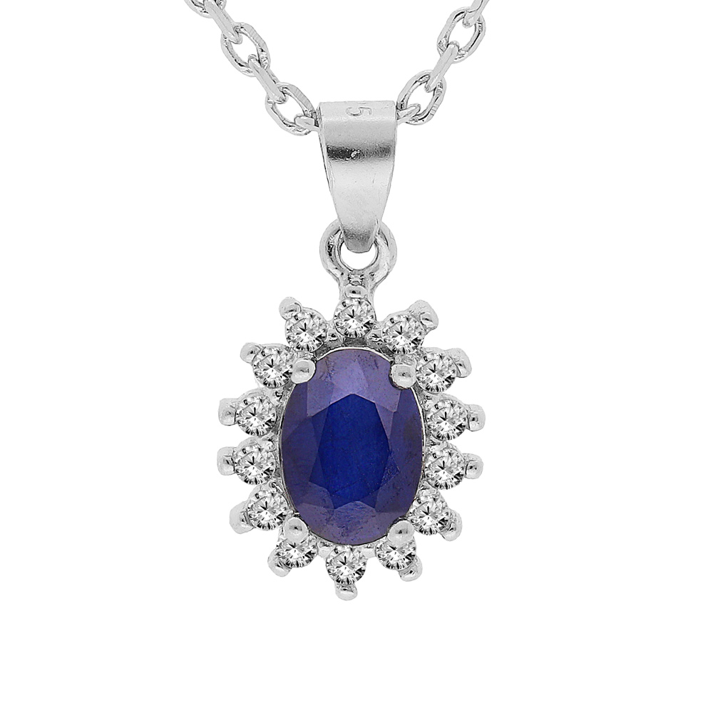 Collier en argent rhodié chaîne avec pendentif fleur de Saphir véritable et contour de Topazes blanches serties 42+3cm