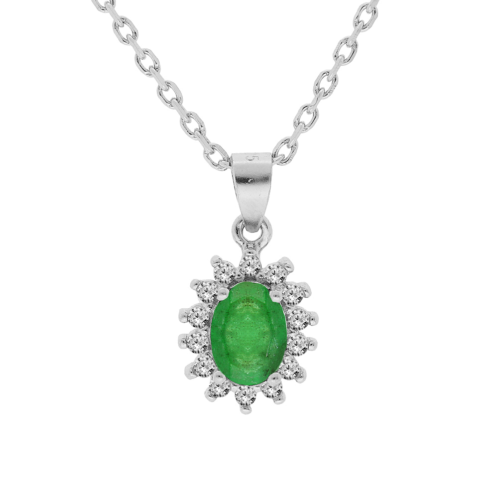 Collier en argent rhodié chaîne avec pendentif fleur d'Emeraude véritable contour de Topazes blanches serties 42+3cm