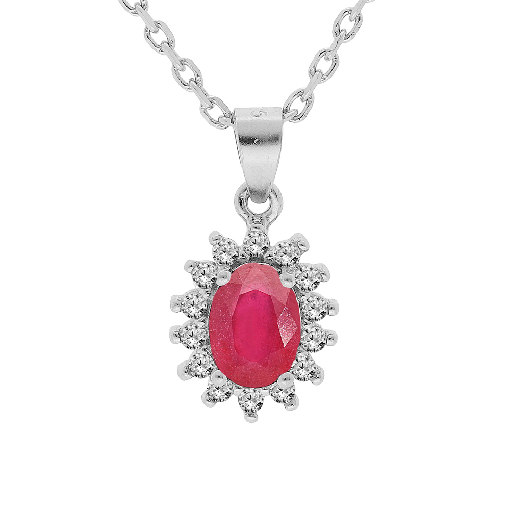Collier en argent rhodié chaîne avec pendentif fleur de Rubis véritable et contour de Topazes blanches serties 42+3cm