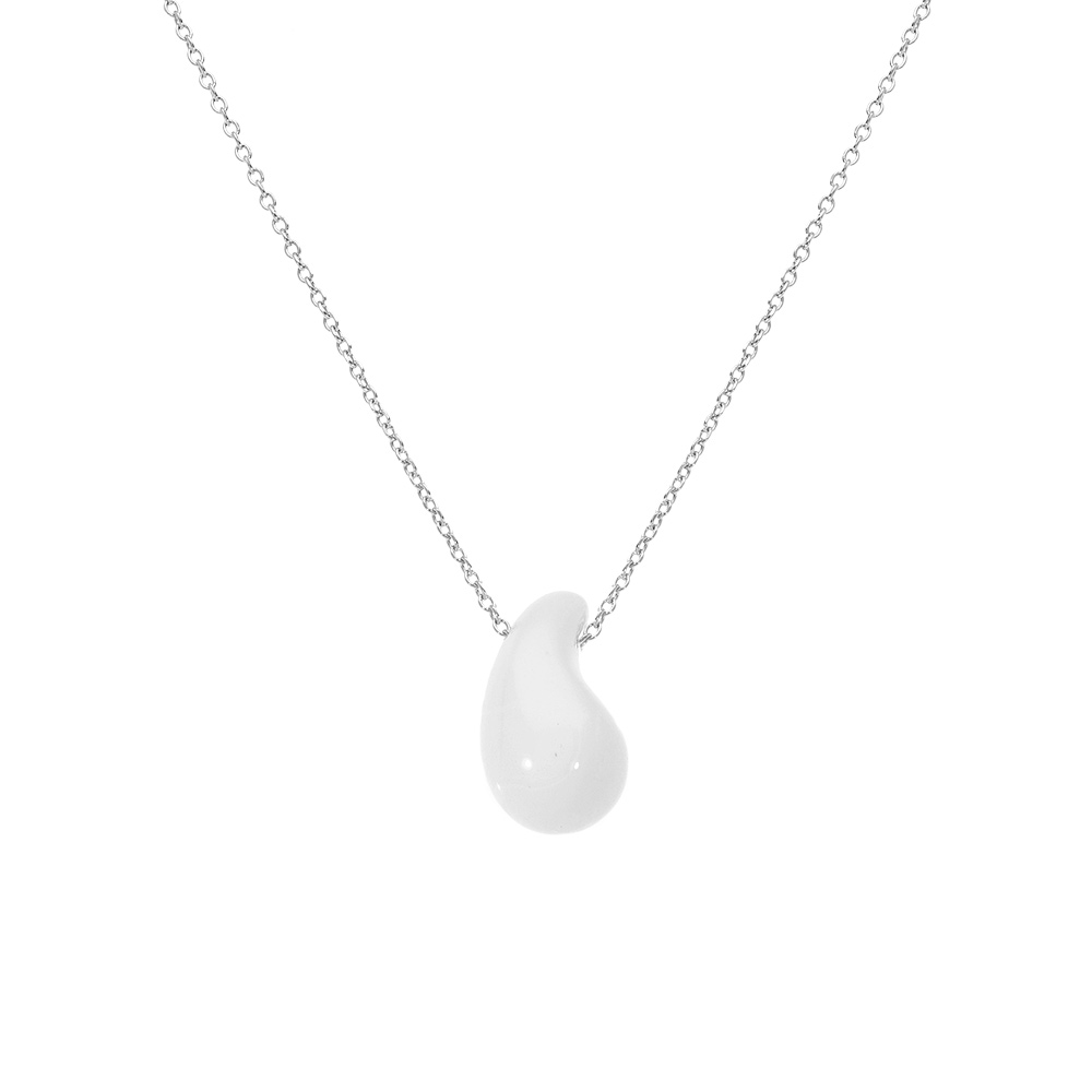 Collier en argent rhodié goutte en verre blanc 40+5cm