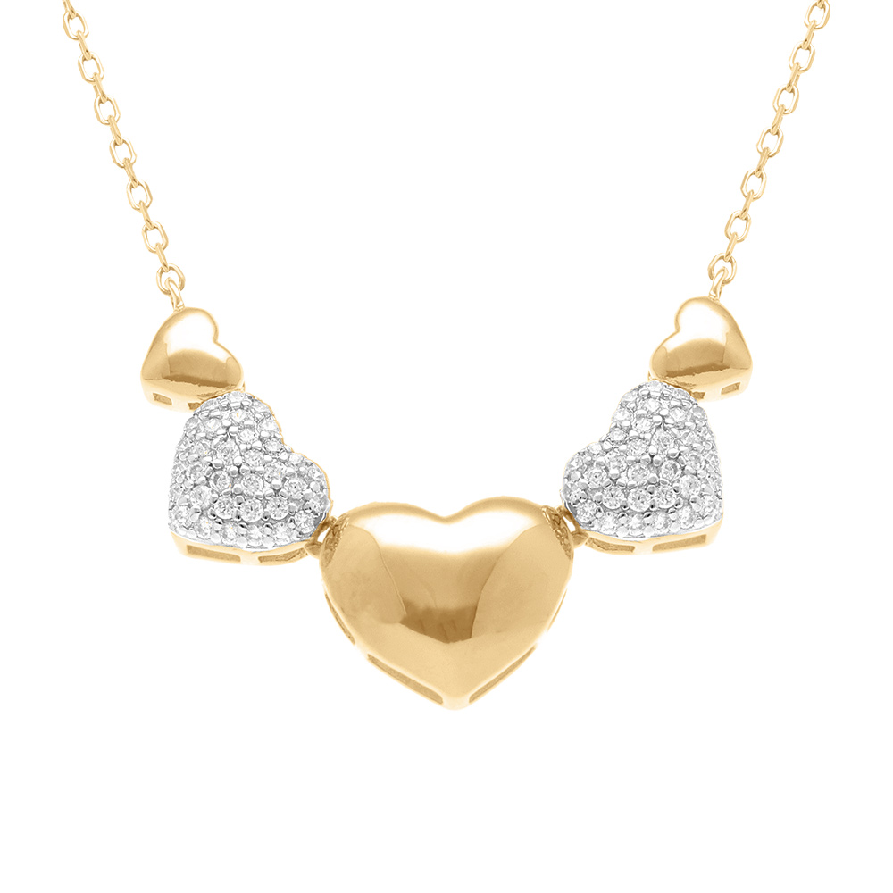 Collier en argent doré avec coeurs bombés lisses et oxydes blancs sertis  - 38+5cm