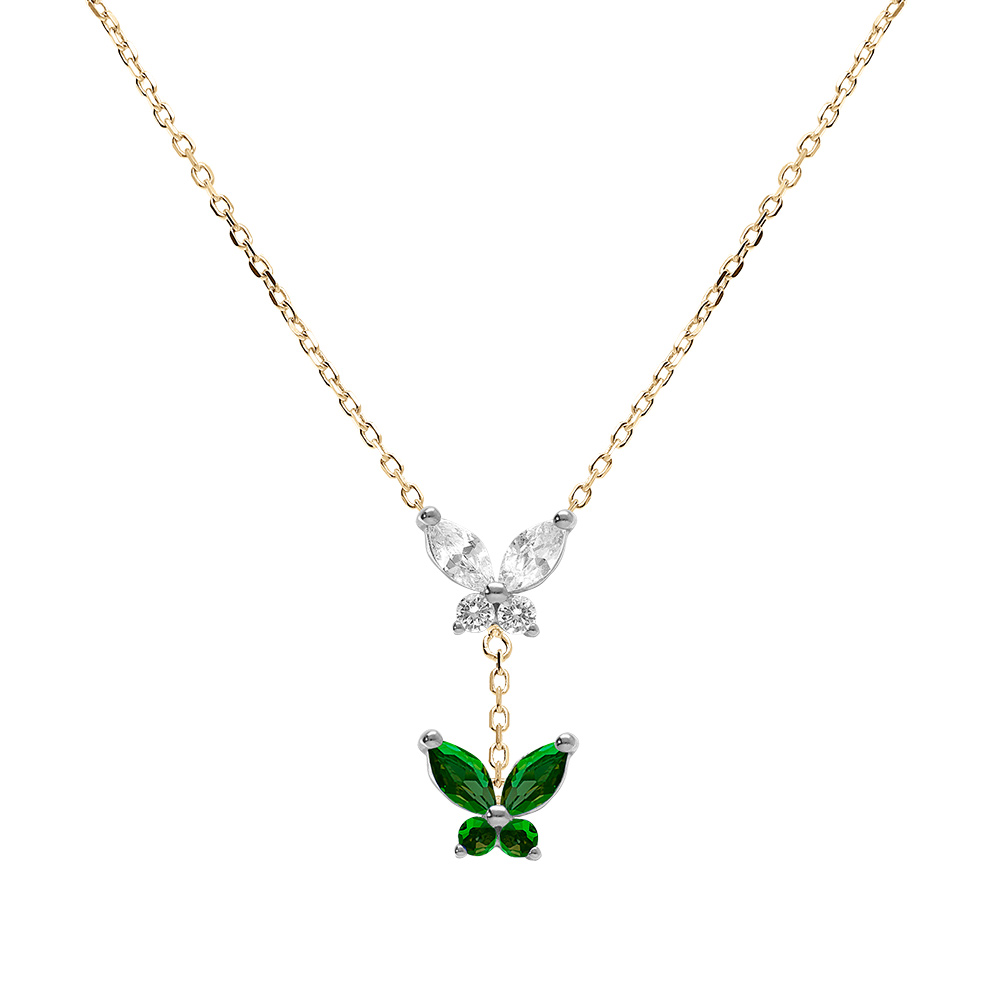 Collier en argent doré deux  papillons d'oxydes blanc et vert foncé sertis  38+5cm