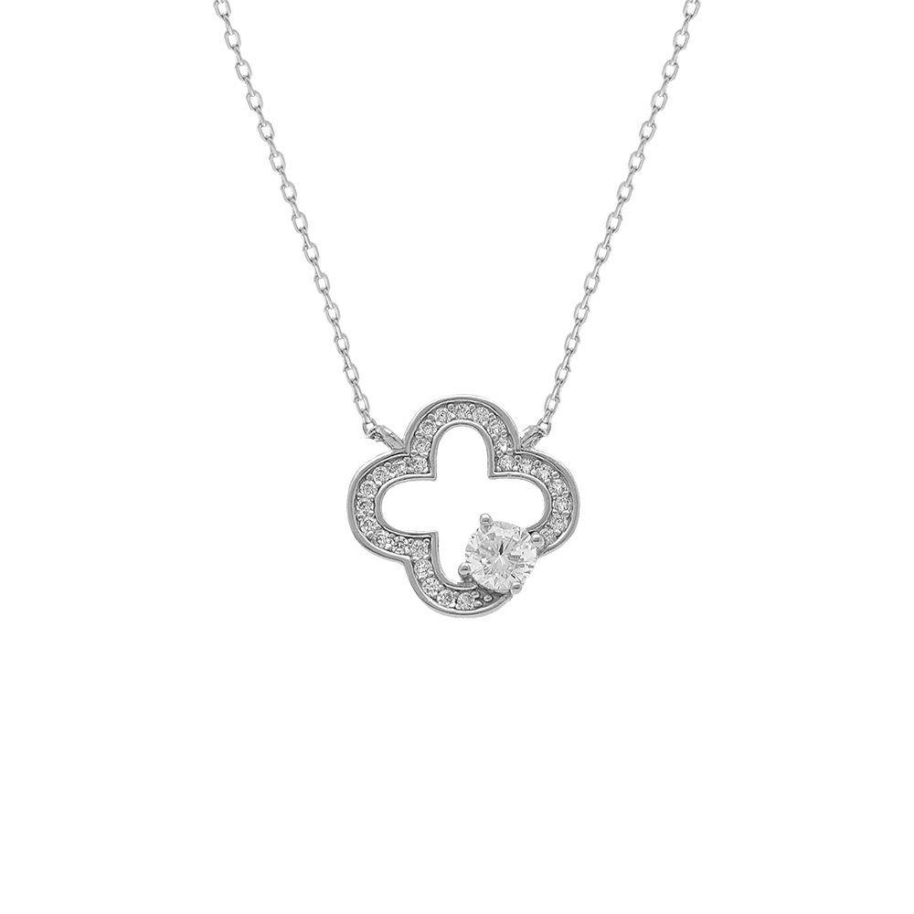 Collier en argent rhodié trèfle avec contour d'oxydes blancs - 38+5cm