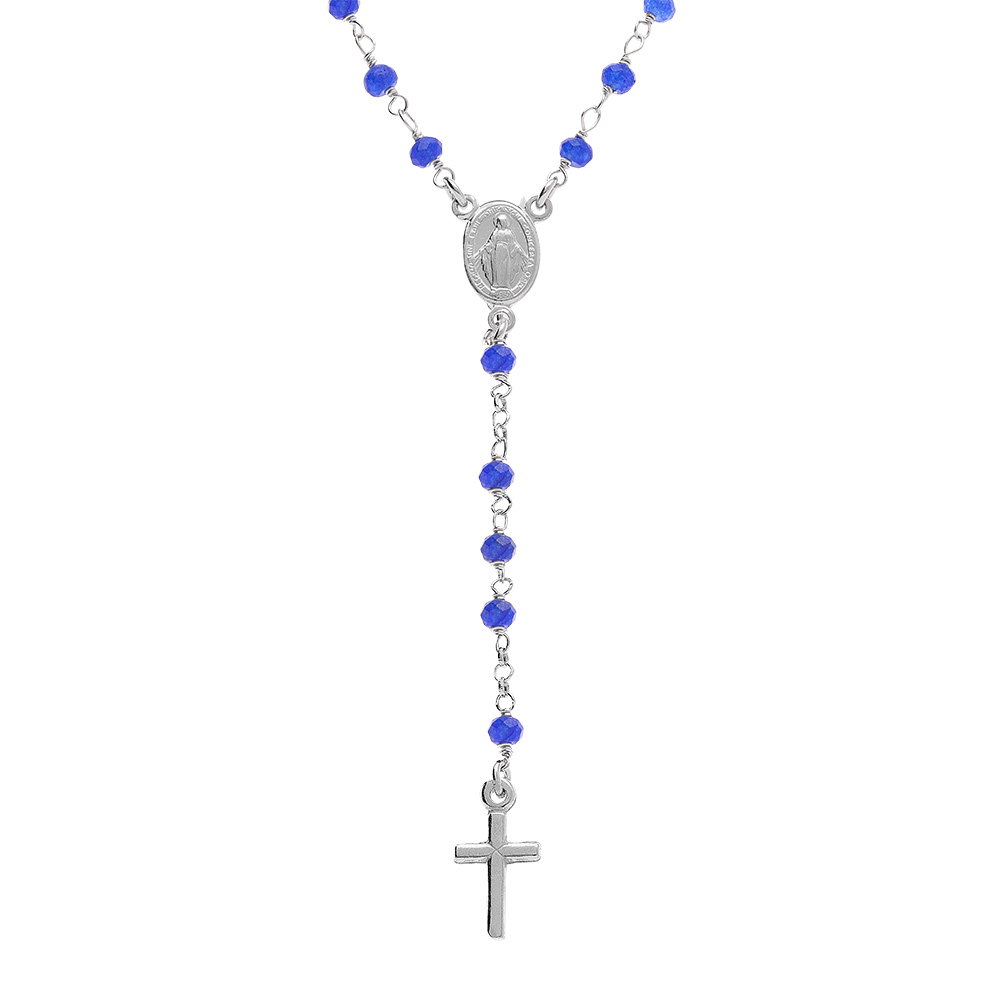 Collier en argent rhodié chapelet boules facetées agates bleues - 45+5cm Collier en argent rhodié chapelet boules facetées agates bleues - 45+5cm