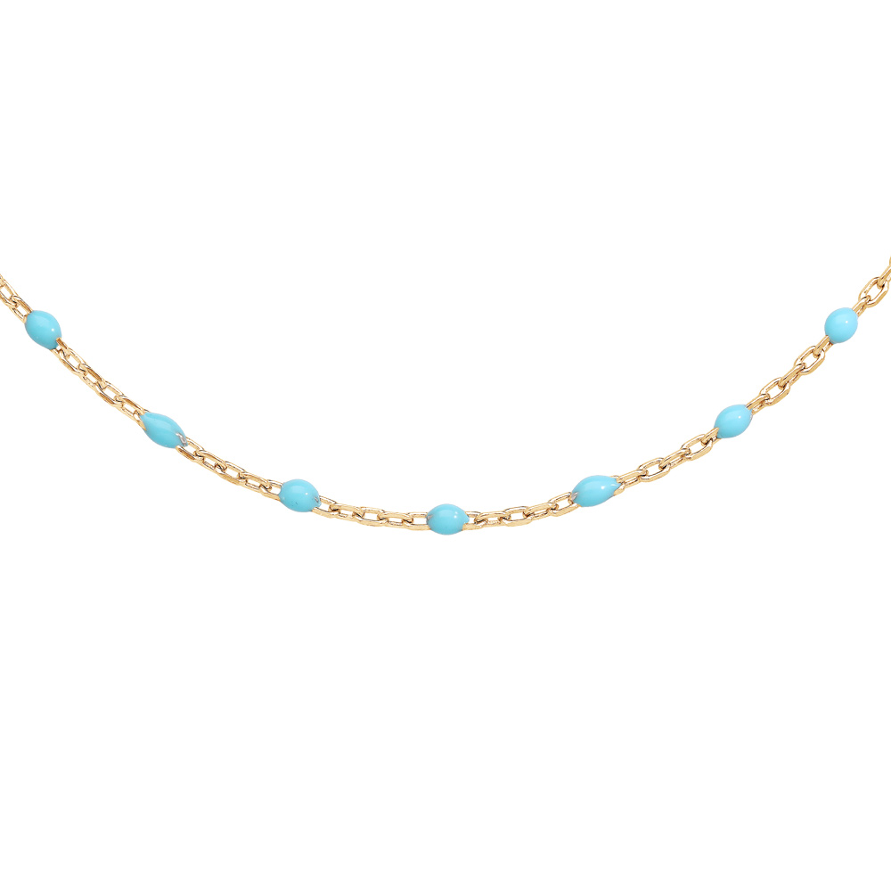 Sautoir en argent et dorure jaune avec olives couleur turquoise 60+10cm