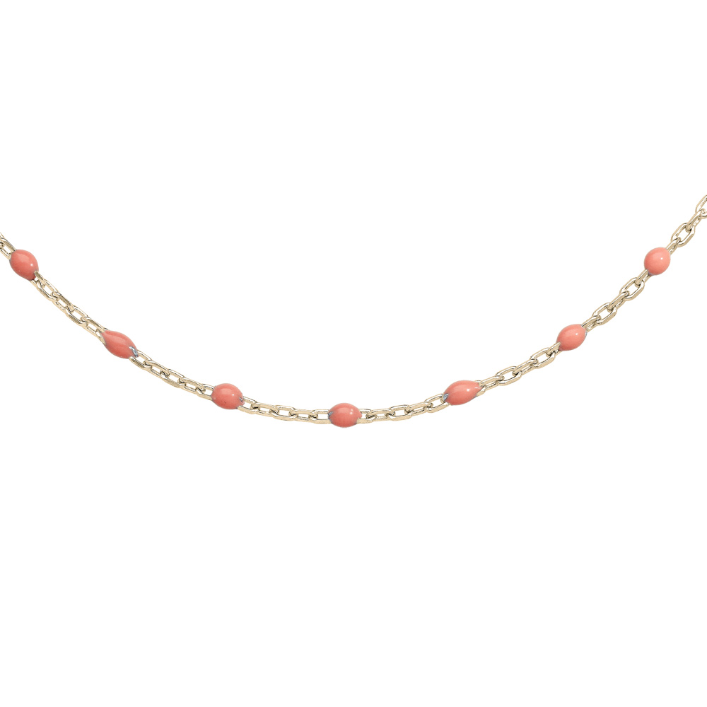 Collier Sautoir en argent et dorure jaune chaîne avec olives couleur rose 60+10cm