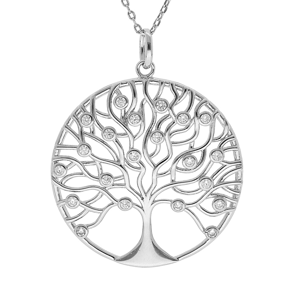 Collier en argent rhodié chaîne avec pendentif médaille découpée arbre de vie 30mm oxydes blancs sertis 42+3cm