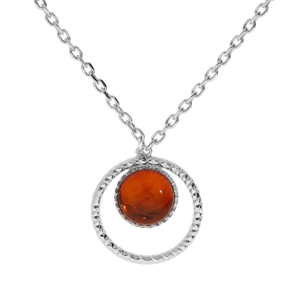 Collier en argent rhodié chaîne avec pendentif rond Ambre véritable 40+5cm