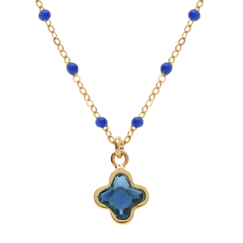 Collier en argent doré avec boules en résine bleue et pendentif trèfle en cristal bleu foncé - 40+5cm